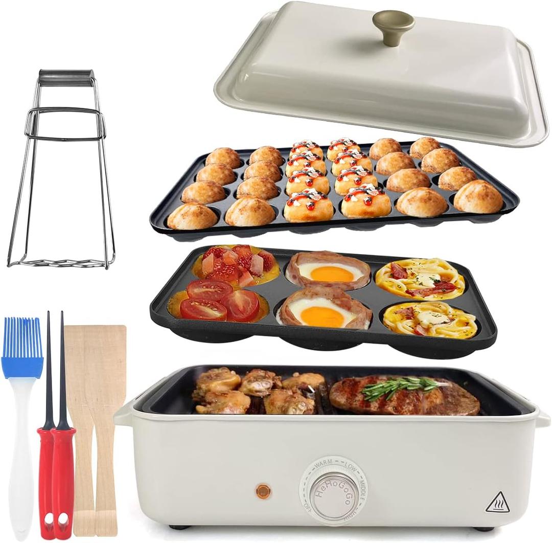3 in 1 Multifunctional Electric Griddle Electric Skillet Nonstick Baking Maker with 3 Interchangeable Baking Plates for Takoyaki Maker Cake Pop Maker Pancake Maker White