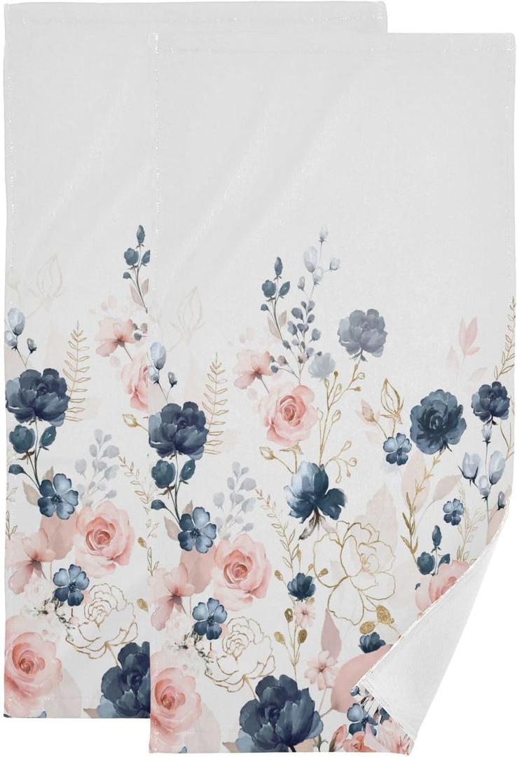 BALMYPAUS 2 Pack Watercolor Rose Floral Hand Towels Soft Absorbent Vintage Elegant Navy Blue Pink Blossom Flower Bathroom Decor 14"x28" Guest Face Bath Towels, Decorative Towels for Bathroom, Kitchen