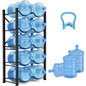 5 Gallon Water Bottle Holder for 10 Bottles, 5 Tiers Double Row Water Jug Holder, Detachable Heavy Duty Water Jug Stand, Water Jug Rack for Office, Kitchen, Garages, Restaurant, and Gym (Black)