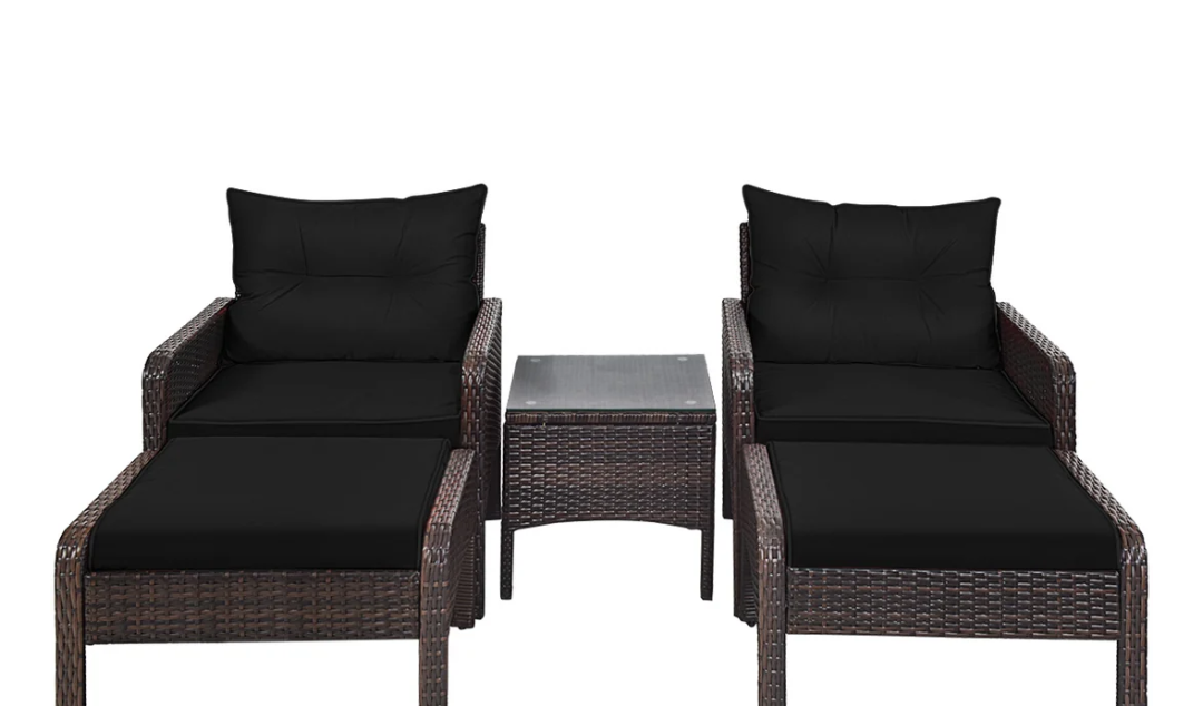 5 Pieces Patio Rattan Sofa Ottoman Furniture Set with Cushions, Black