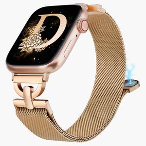 Stainless Steel Magnetic Loop Compatible with Apple Watch Band 42mm 44mm 45mm 46mm 49mm Women Metal Mesh D-shaped Clasp Strap for iWatch SE Series 10/9/8/7/6/5/4/3/2/1/Ultra(1/2) Rose Gold
