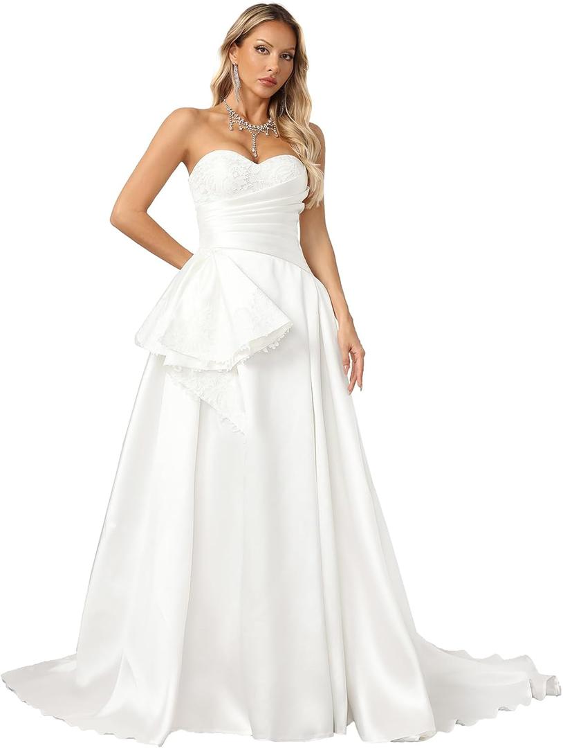 Off Shoulder Strap Lace Wedding Dress Sleeveless – Lightweight A-Line Bridal Gown with Train for Engatement Weddings L White