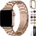 Fullmosa Compatible Apple Watch Bands 45mm 44mm 42mm, Metal iWatch Band with Case for Apple Watch Series 9 8 7 6 5 4 3 2 1 SE SE2, Rose Gold