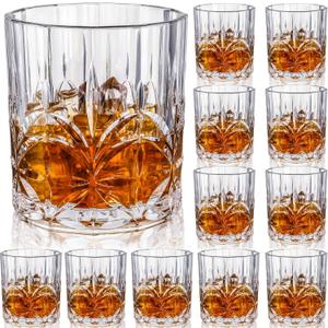 12 Sets Plastic Whiskey Glasses 14 oz Unbreakable Whiskey Drinking Glasses Old Fashioned Cocktail Cups Plastic Water Tumblers Clear Wine Cup Shatterproof Short Tumbler for Indoor Outdoor