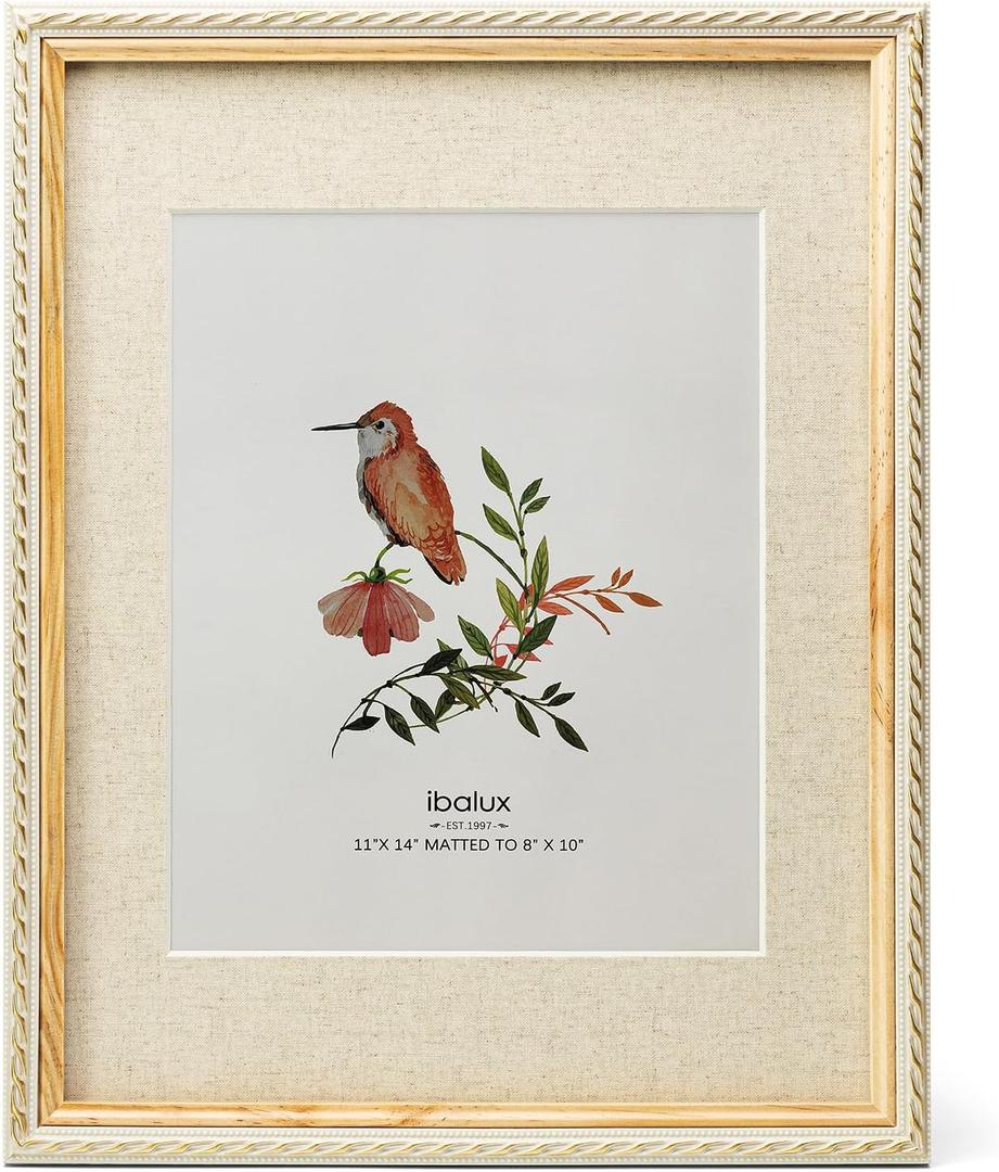 11x14 Picture Frame Pine Wood with Real Glass, Gold-Toned Synthetic Rope Edging, Linen Matted to 8x10, Vertical and Horizontal for Wall Hanging, Nature Brown