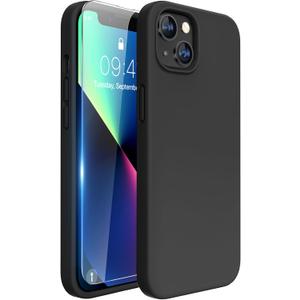 Miracase Designed for iPhone 13 Case, with Tempered Glass Screen Protector, [Soft Anti-Scratch Microfiber Lining], Shockproof Liquid Silicone Rubber Phone Cover Case for 13 6.1 inch, Black