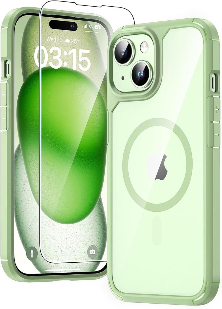 TAURI for iPhone 15 Case, Compatible with MagSafe [Anti-Yellowing] with Screen Protectors, Military-Grade Protection, Shockproof Slim Magnetic Phone Case for iPhone 15 6.1", Green
