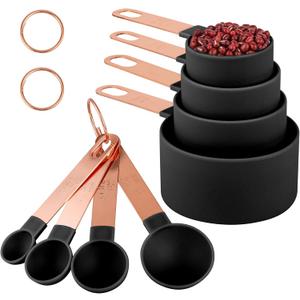8-Piece Stackable Rose Gold Stainless Steel Handled Measuring Cups and Spoons for Measuring Dry and Liquid Ingredients (black)