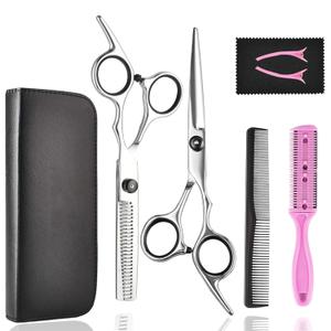 Hair Cutting Scissors Thinning Shears- Fcysy Professional Barber Sharp Hair Scissors Hairdressing Shears Kit with Haircut Accessories in Leather Case for Cutting Styling Hair for Women Men Pet- 7 Pcs (Black)