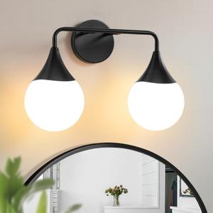 Bathroom Vanity Light Fixtures: 2 Lights Mid Century Farmhouse Bathroom Lighting Fixtures Over Mirror - Matte Black Wall Sconces with Frosted Globe Glass for Hallway Restroom