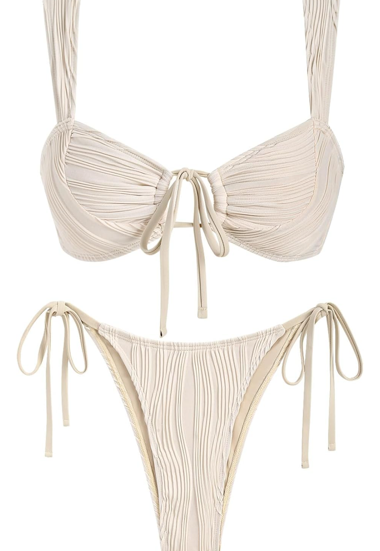 ZAFUL Women's Cinched Bikini Solid Color Wave Textured Knotted Tied Side Two Piece Swimsuit Bathing Suits, Size M