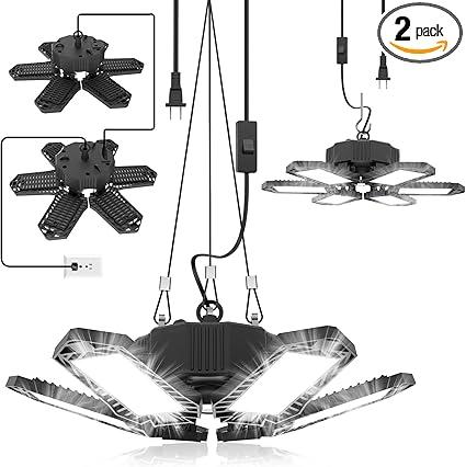 SEOBIOG 2 Pack Plug in Garage Light, Upgraded 200W 20000LM Linkable LED Shop Light, 6500K Ceiling Lights w/ 6 Deformable Panels for Garage, Warehouse, Barn, Basement (Built-in ON/Off Switch)