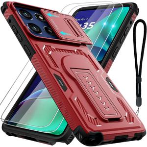 for Motorola Moto G Stylus 5G 2025 Case with 2 Pack Screen Protector, Upgrade Slide Camera Cover & Kickstand, Lanyard Strap, Military Grade Shockproof Heavy Duty Robust Bumper Phone Case, Red