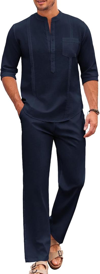 COOFANDY Men's 2 Piece Cotton Sets Casual Long Sleeve Cuban Henley Shirt and Loose Pants Set Beach Vacation Outfits (Large, Navy)