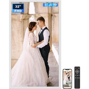 32" Large Digital Picture Frame, 64GB, Anti-Glare Non-Touch, WiFi Wall-Mount Frame for Home/Business, 1920x1080 FHD, Share via App, Email, USB & Micro SD, Remote Included, White