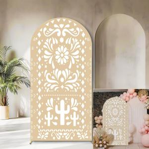 Sensfun Mexican Arch Backdrop Cover Wedding Baby Shower Photo Background Decor,2-Sided Round Top Chiara Backdrop Arch Covers for Mexican Talavera Birthday Bridal Shower Fiesta Party Decorations 4x7ft (Beige Papel Picado)