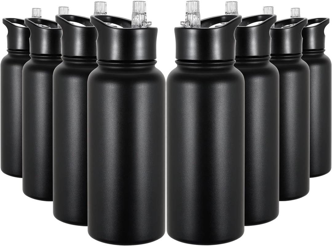 32 oz Insulated Water Bottle Bulk 8 Pack, Stainless Steel Sports Water Bottles with Straw Lid & Wide Mouth Lids, Double Walled Vacuum, Leak Proof, Black
