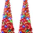 Leyndo 2 Pcs 5 ft Collapsible Artificial Christmas Tree with LED Light Pre Lit Red Sequined Pop Up Tinsel Pencil Skinny Xmas Tree for Indoor Home Fireplace Decoration