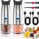 Gravity Electric Salt and Pepper Grinder Set, USB Rechargeable, No Battery Needed, Adjustable Coarseness, Automatic Mill Grinder with Warm LED Light, One Hand Operated for Kitchen, Restaurant, Outdoor