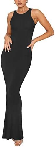 REORIA Women's Basic Summer Sexy Lounge Tank Long Dress Elegant Sleeveless Halter Neck Bodycon Maxi Dresses, Large
