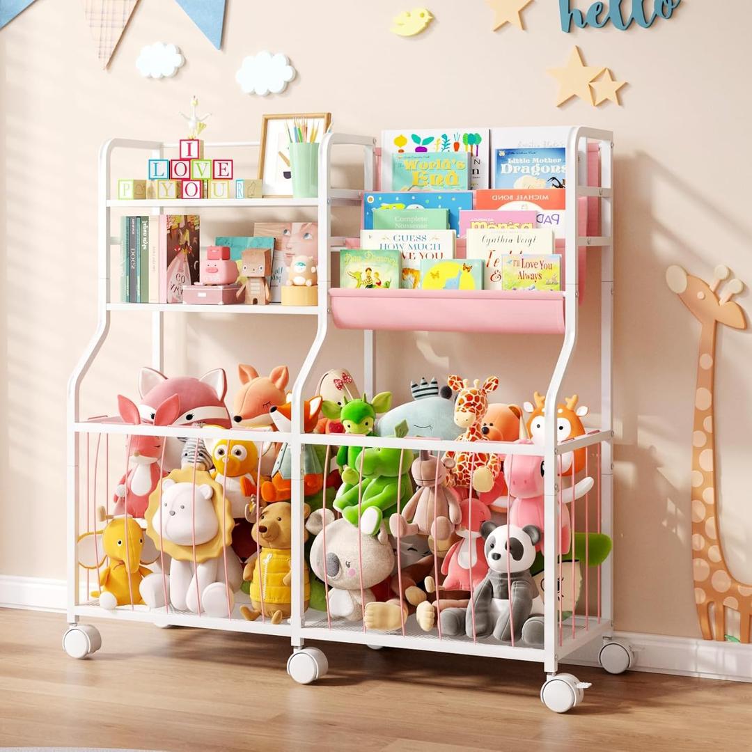 BBLIKE Stuffed Animal Storage Organizer - Rolling Kids Bookshelf and Toy Storage with 3 Tiered Book Display and Toy Chest - Rolling Furniture for Kids Room, Playroom, Bedroom, Nursery, Pink