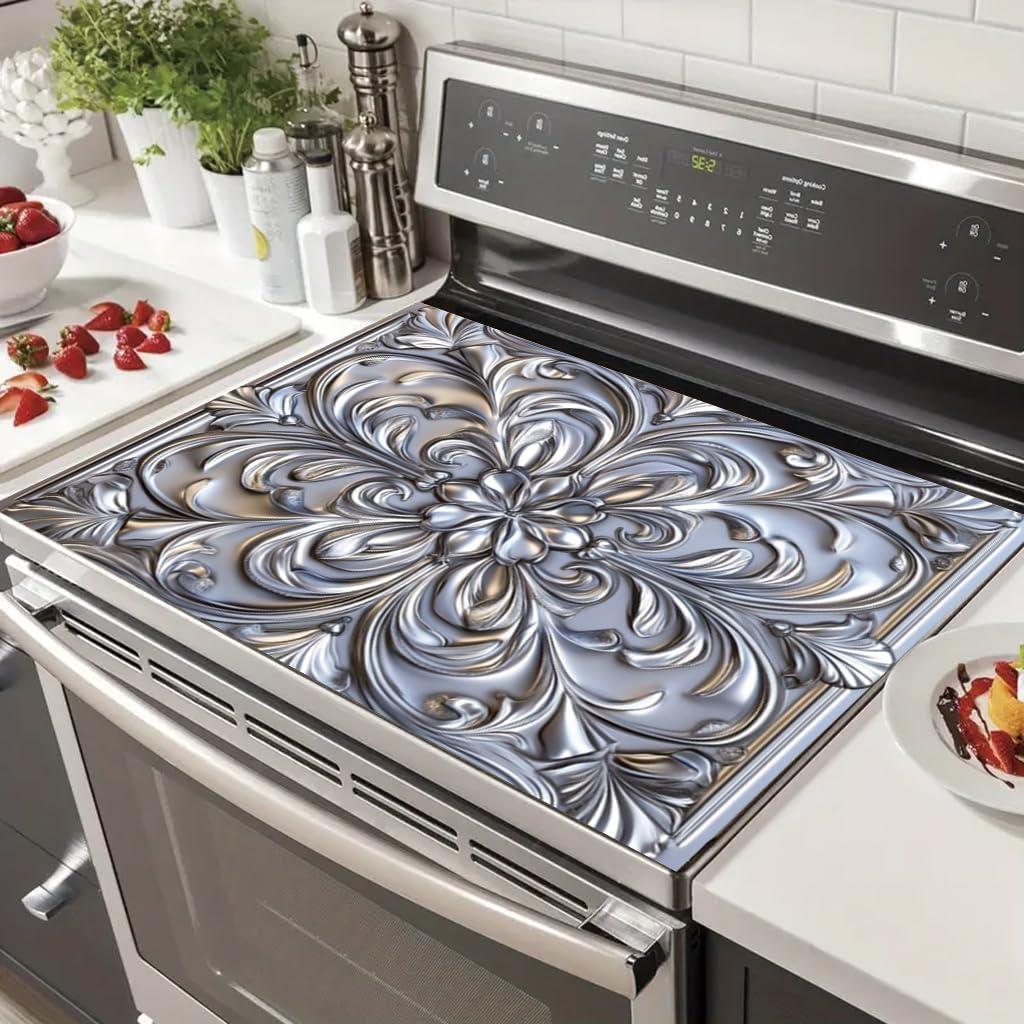 2D Flat Stove Top Cover Protector 28 x 20 Inch Silver Floral Scroll Medallion Design Electric Glass Cooktop Cover Reusable Kitchen Counter Mat Decorative Range Top