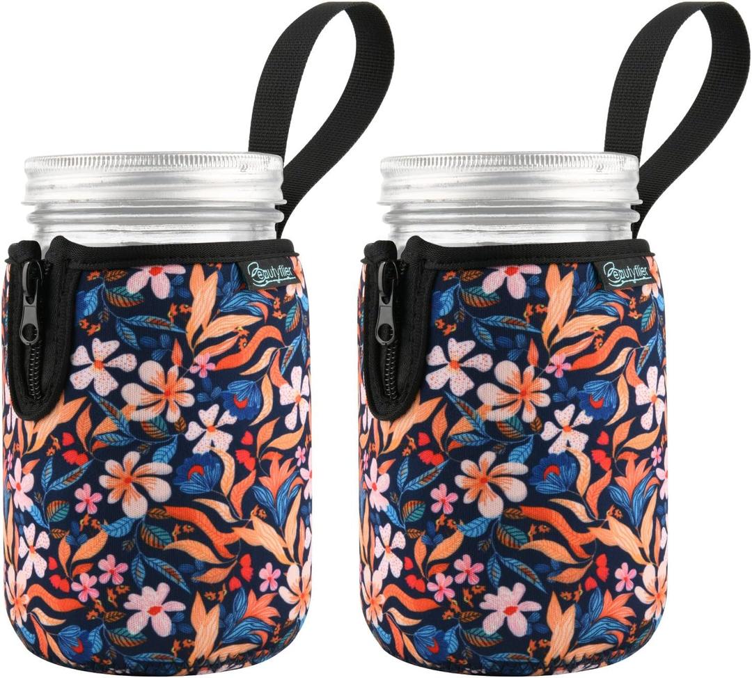 Beautyflier Mason Jars 32oz Wide Mouth Sleeve Regular Mouth Mason Jars Insulators Drinking Glass Coolers Sprouting Jars Blackout Sleeve (Colorful Flowers)