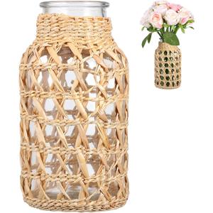 Cabilock Wicker Vase for Flowers, 6.3" Rattan Woven Glass Vase, Boho Decorative Flower Vase for Centerpieces, Small Straw Wrapped Bud Vase for Farmhouse Home Decor, Rustic Tabletop Decoration