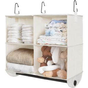 StorageWorks Hanging Closet Organizer with Garment Rod, 4 Section Closet Hanging Shelves, Hanging Clothes Cube Organizer, White & Ivory, 12 " D x 24 " W x 28" H