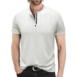 Mens Shirts Short Sleeve Jacquard Henley Shirts Casual Basic Tee Button Fashion Soild T Shirts (L)