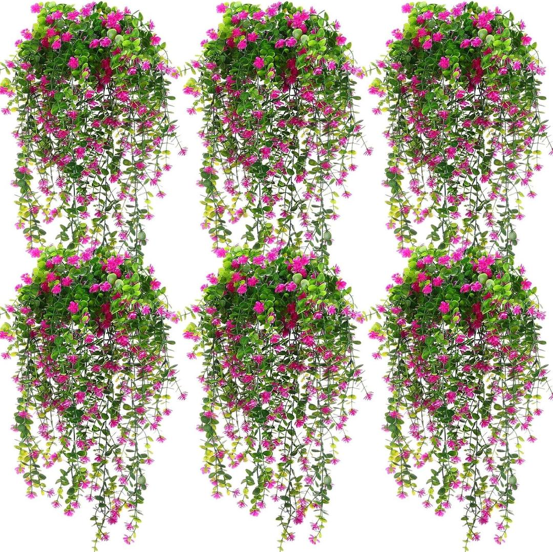 Hotop 6 Pcs Ferns Artificial Hanging Plants Vine Hanging Fake Plants Faux Ferns Indoor Outdoor Ivy Wall Decor Greenery Vine with Flower for Room Wedding Fall Decoration(Fuchsia)