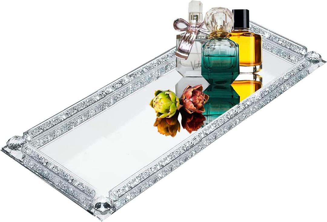 Crystal Glass Serving Tray, Crushed Diamond Filled Modern Glass Mirror Jewelry Trinket Tray, 13.7" x 5.9" Rectangular Makeup Perfume Tray for Bedroom Dresser, Home Decor, Banquet,Party(Silver)
