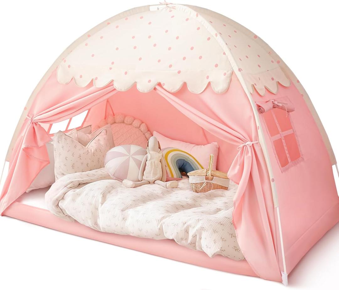 Sherilyn Twin Bed Canopy Tent Toddler, Kids Bed Canopy Indoor on Bed Privacy Space Playhouse Sleeping Blackout Twin Size Tents Bunk Bed Tent for Girl Birthday House Gift, Pink Polka Dot