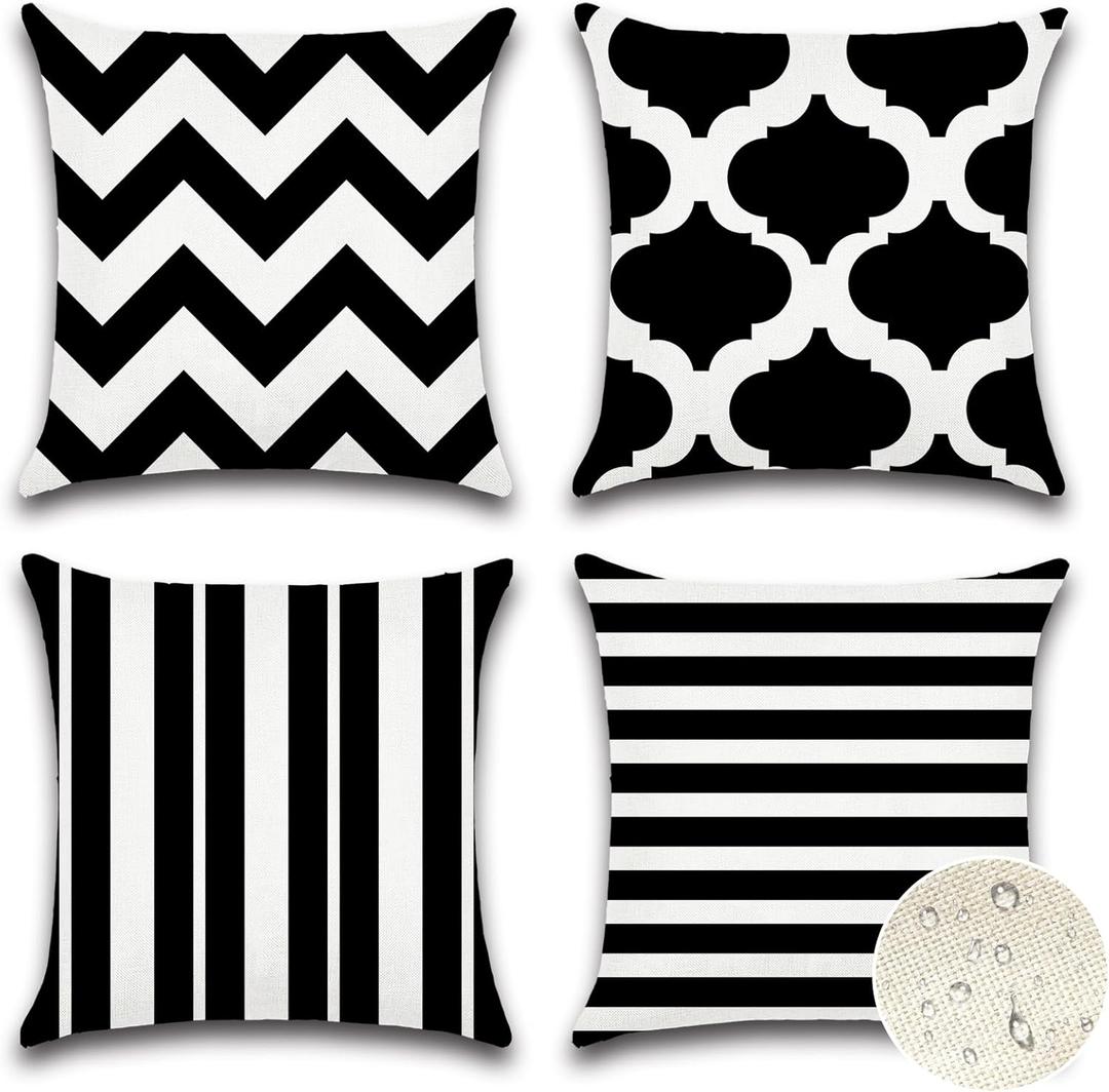 OTOSTAR Set of 4 Waterproof Throw Pillow Covers 16x16 Inch Farmhouse Geometric Square Pillow Cases for Couch Patio Furniture Balcony Garden Outdoor DecorationGeometry, 70-Black