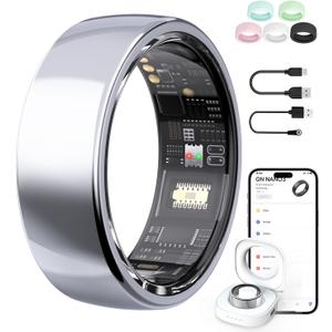 AI Smart Ring for Women Men, Health Fitness Tracker Ring with AI Health Analysis, Heart Rate Blood Oxygen Sleep Monitor, IP68 Waterproof Activity Tracker, No APP Fee (Silver, 9#)