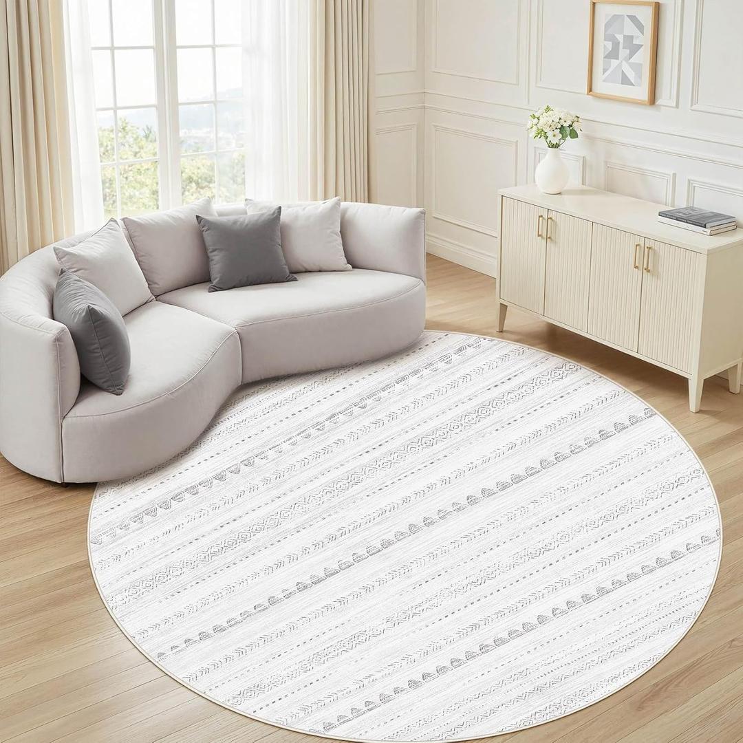 Round Rug Boho Area Rugs: 8x8 Washable Large Circle Neutral Soft Stain Resistant Non-Slip Carpet for Women Aged 25-45 Farmhouse Home Decor Enthusiasts - Living Room Bedroom Dining Room Nursery