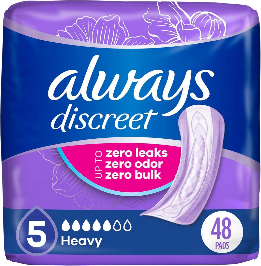 Always Discreet Adult Incontinence Pads for Women, Drier, 5 Drop Regular Length, Heavy Absorbency, Pads for Bladder Control Management, Bladder Leaks, & Postpartum Pads, 144ct