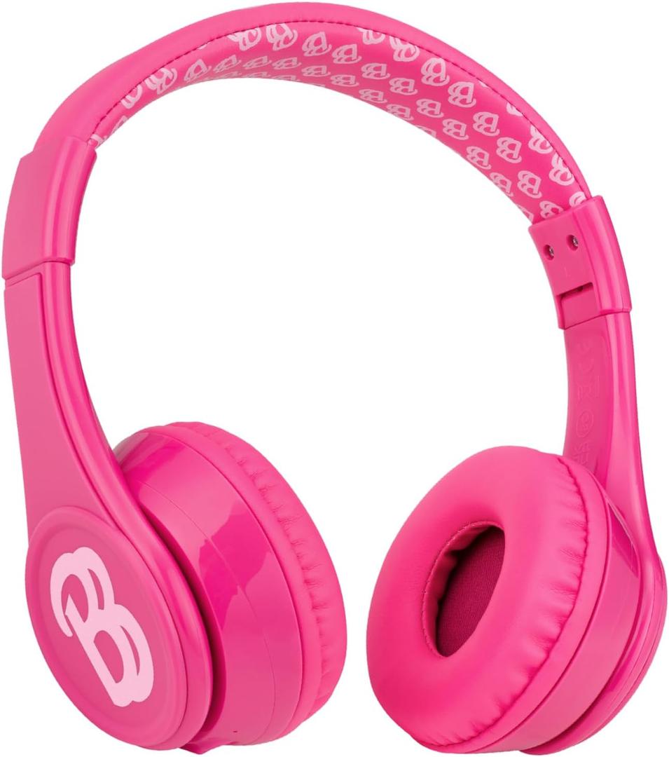 eKids Barbie Bluetooth Headphones, Pink Wireless Headphones with Microphone Includes Aux Cord, Volume Reduced Kids Foldable Earphones Make Great