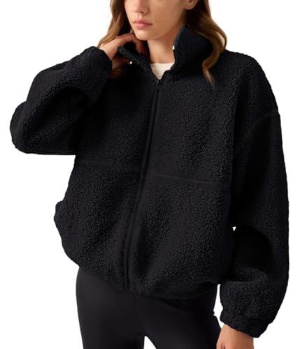 LASLULU Womens Full Zip Fleece Oversized Black Jacket Warm Winter Sweaters Long Sleeve Stand Collar Sport Athletic Cropped Sweatshirts Sherpa Coat(Black Small)