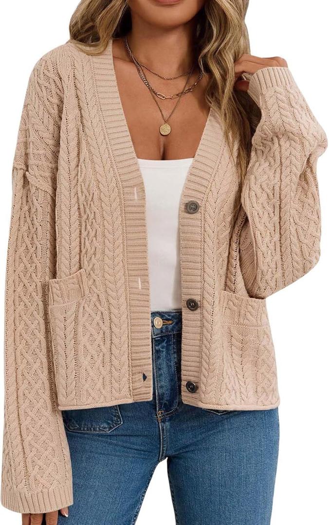 GREAIDEA Women's Fall Chunky Knit Open Front Sweaters Long Sleeve Button Cardigan 2025 Loose Short Outerwear Coats (X-Large, Apricot)
