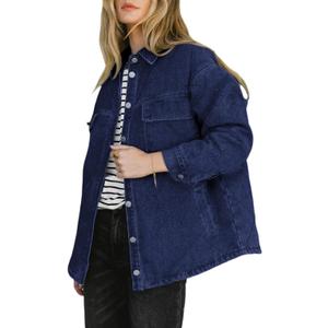 Dokotoo Denim Jacket for Women Fashion Solid Oversized Long Sleeve Button Down Shacket Jacket Coat with Pockets (Blue, M)