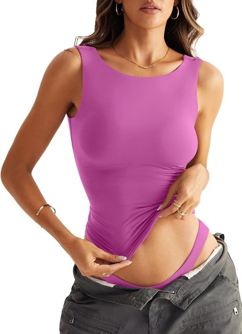 Women Sleeveless Boat Neck Tops Double Lined Backless Tank Tops Basic Fitted T Shirts 2025 (X-Small, Peach Pink)