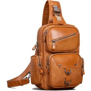 Genuine Leather Sling Bag for Men Large Crossbody Shoulder Bag Casual Sling Backpack Anti-Theft Travel Chest Purse (Tan)