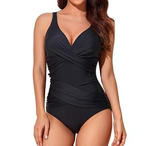 Smismivo Tummy Control Swimsuits for Women Slimming One Piece Bathing Suit Modest Padded Ruched Push Up Long Torso Curvy Shapewear V Neck Criss Cross Swimming Suits Full Coverage Swimwear (Black), M