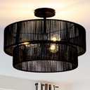 Black Boho Light Fixtures Ceiling Mount 18'' Coastal Hemp Rope Semi Flush Mount Ceiling Light Fixture 3-Light Rattan Light Fixtures with 2-Tier Drum Shade for Dining Room Kitchen Entry