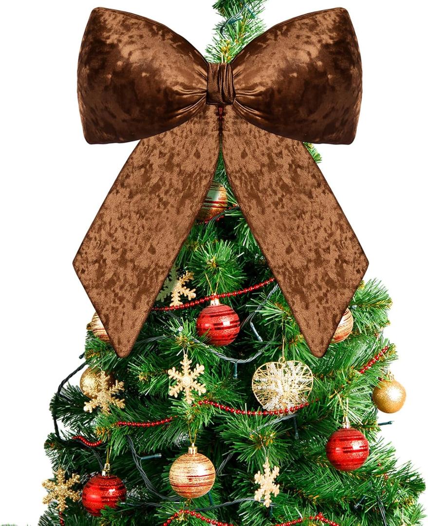 Gejoy Christmas Tree Topper Bow 22 x 16.5 Inch Large Coffee Velvet Christmas Bow Farmhouse Giant Xmas Tree Topper Decoration for Xmas Home Party Backdrop Wedding Wreath Front Door Window Staircase