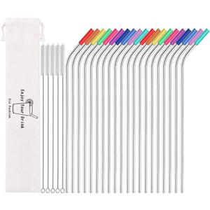 MUTNITT Set of 20 10.5" Reusable Bent Stainless Steel Straws with 20 Silicone Tips 5 Cleaning Brush 1 Travel Case Eco Friendly Extra Long Metal Straw Drinking for 20 24 30 oz Tumbler