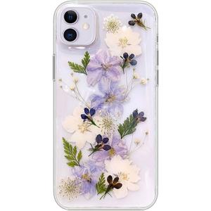 Abbery for iPhone 11 Phone Case Floral Cute Clear with Pressed Dry Real Flower Design Soft TPU Flexible Rubber Women Girls Blue White Flowers Shockproof Protective Case for iPhone 11 (Navy Flower)