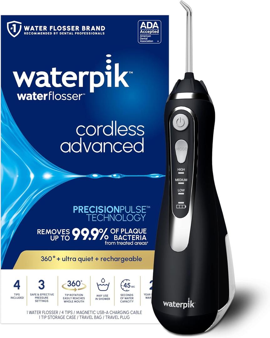 Waterpik Cordless Advanced 2.0 Water Flosser For Teeth, Gums, Braces, Dental Care With Travel Bag and 4 Tips, ADA Accepted, Rechargeable, Portable, and Waterproof, Black WP-582