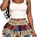 WDIRARA Women's 2 Piece Outfits Tank Tops Ruffle Layered Patchwork Mini Skirts Matching Set